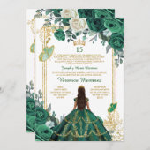Spanish Princess Emerald Green Floral Mis Quince 招待状 (正面/裏面)