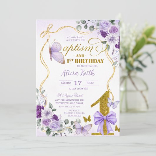 SPANISH Purple Butterfly Bautizo Y Primer Anito 招待状 (スタンド正面)