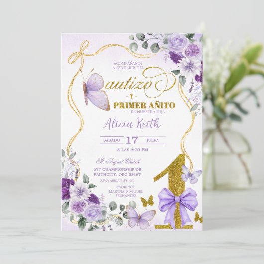 SPANISH Purple Butterfly Bautizo Y Primer Anito 招待状 (スタンド正面)
