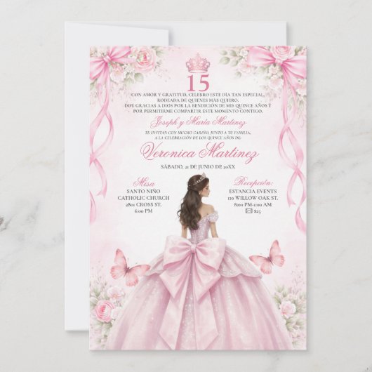 Spanish Quinceañera Blush Pink 15 Años Princess 招待状 (正面)