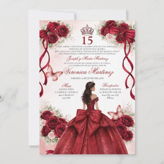 Spanish Quinceañera Burgundy Red 15 Años Princess 招待状 (正面)