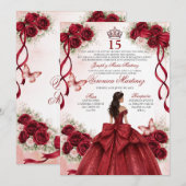 Spanish Quinceañera Burgundy Red 15 Años Princess 招待状 (正面/裏面)