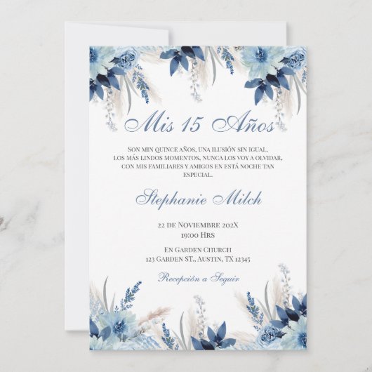 Spanish Quinceanera navy floral invite 招待状 (正面)