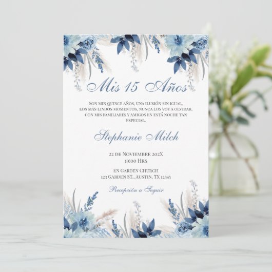 Spanish Quinceanera navy floral invite 招待状 (スタンド正面)