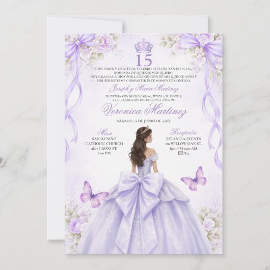 Spanish Quinceañera Purple Princess Dress 15 Años 招待状 (正面)