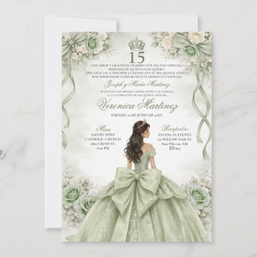 Spanish Quinceañera Sage Green Princess 15 Años 招待状 (正面)