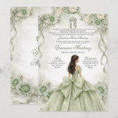 Spanish Quinceañera Sage Green Princess 15 Años 招待状 (正面/裏面)