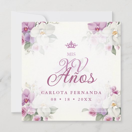 Spanish Romantic Mis XV Floral Orchids Bouquets 招待状 (正面)