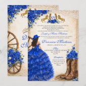 Spanish Royal Blue Floral 15 Años Charra Western 招待状 (正面/裏面)