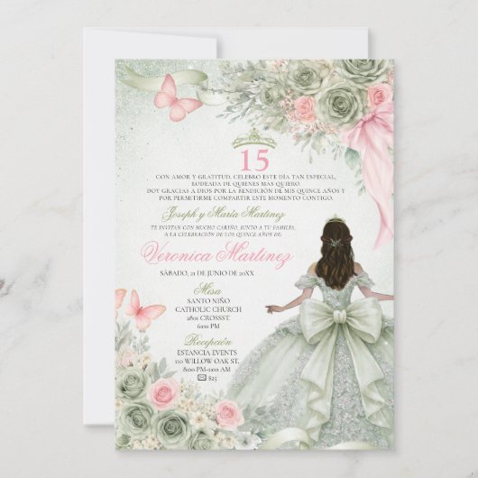 Spanish Sage Green & Pink Princess Floral 15 Años 招待状 (正面)