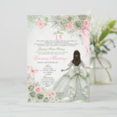 Spanish Sage Green & Pink Princess Floral 15 Años 招待状 (スタンド正面)