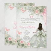 Spanish Sage Green & Pink Princess Floral 15 Años 招待状 (正面/裏面)