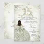 Spanish Sage Green & Silver Crown 15 Años Princess 招待状 (正面/裏面)