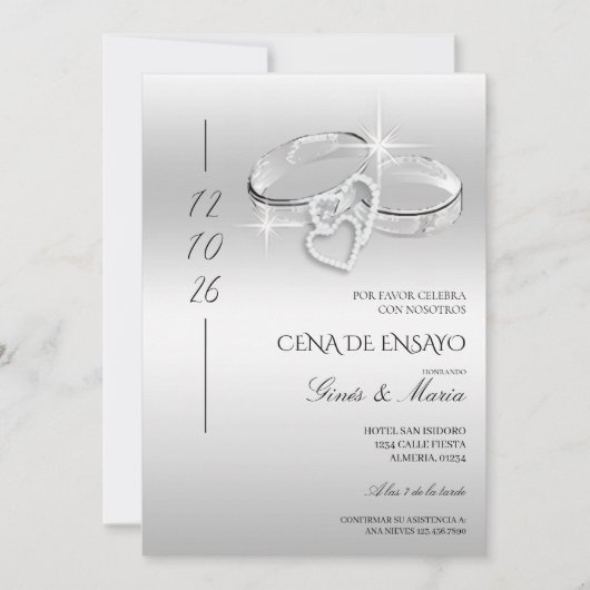 Spanish Silver Wedding Rings Rehearsal Dinner 招待状 (正面)