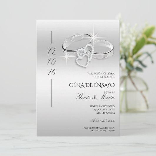 Spanish Silver Wedding Rings Rehearsal Dinner 招待状 (スタンド正面)