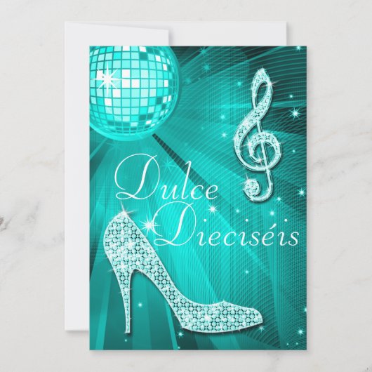 Spanish Teal Disco Ball and Sparkle Heels Sweet 16 招待状 (正面)