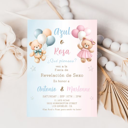 Spanish Teddy Bear Gender Reveal Invitation 招待状
