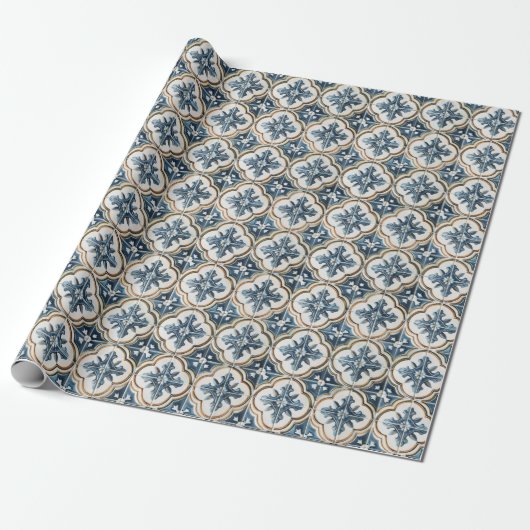 Spanish Tile Pattern Gold Blue Clover ラッピングペーパー (アンロールド)