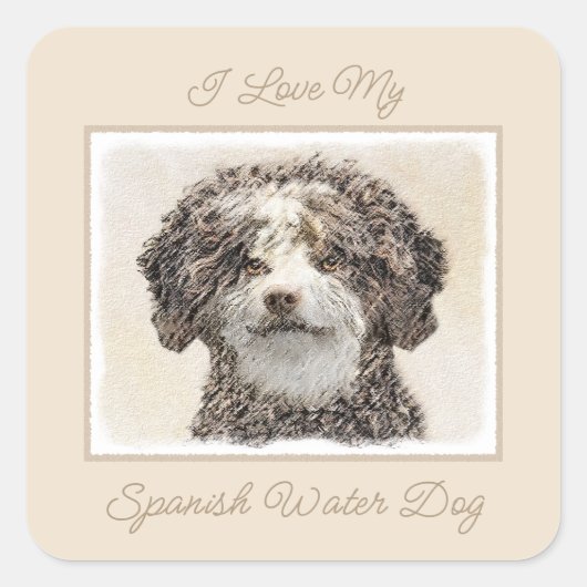 Spanish Water Dog Painting - Cute Original Dog Art スクエアシール (正面)