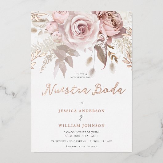 Spanish Wedding Nuestra Boda Rose Gold 箔招待状 (正面)