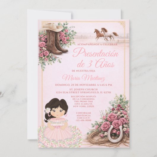 Spanish Western Pink Floral Presentación de 3 Años 招待状 (正面)