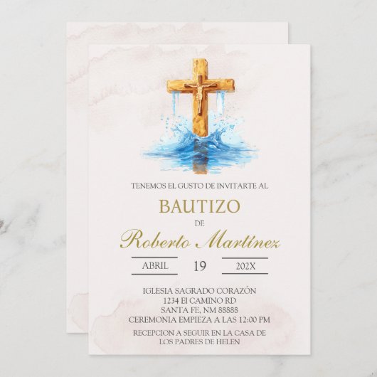 Spanish with blue cross baptism 招待状 (正面/裏面)