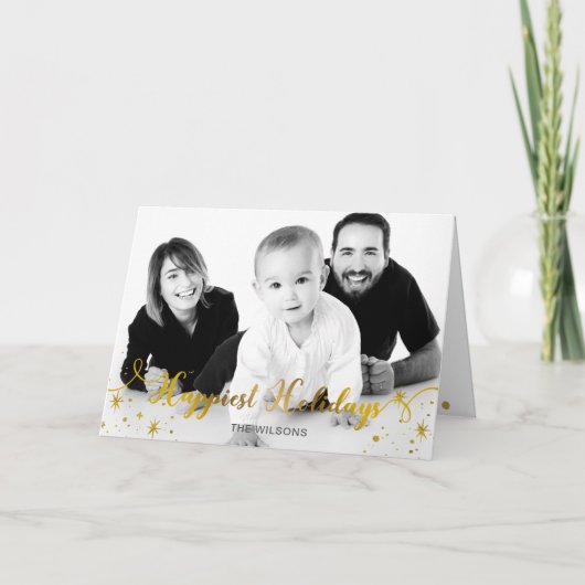 Sparkleスクリプトハッピーホリデー金ゴールド写真 シーズンカード (正面)