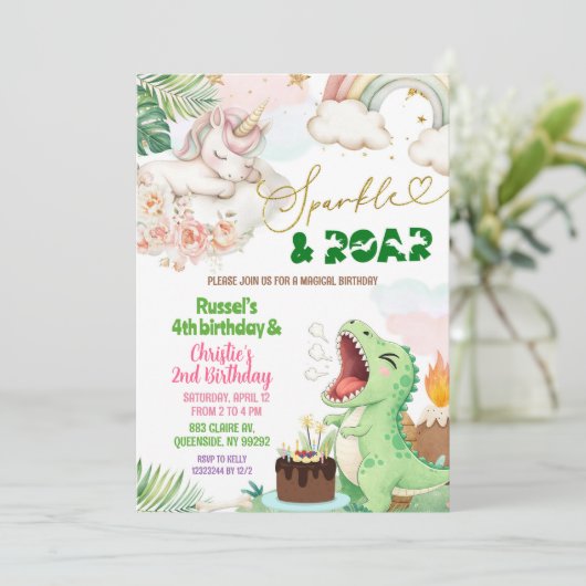 Sparkle And Roar Unicorn Dinosaur Joint Birthday 招待状 (スタンド正面)