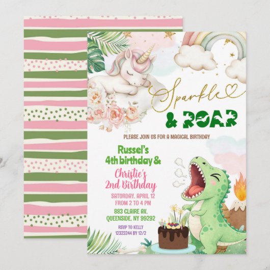 Sparkle And Roar Unicorn Dinosaur Joint Birthday 招待状 (正面/裏面)