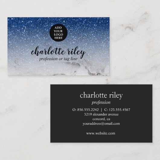 Sparkle BlueグリッターグラデーションCursiveロゴの追加 名刺 (正面/裏面)