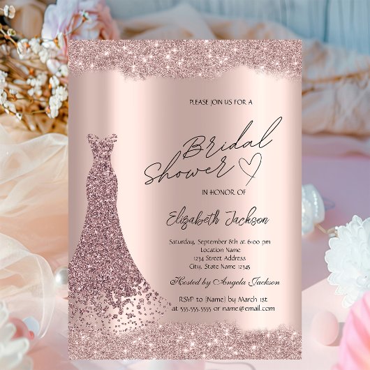 Sparkle Diamonds Rose Gold Dress Bridal Shower 招待状