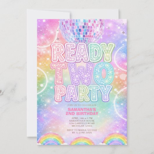 Sparkle Disco Ball Pastel Rainbow Second Birthday  招待状 (正面)