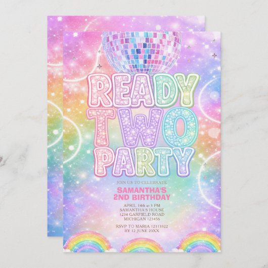 Sparkle Disco Ball Pastel Rainbow Second Birthday  招待状 (正面/裏面)