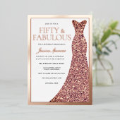 Sparkle Dress Womans 50th Birthday Party Rose Gold 箔招待状 (立ち正面)