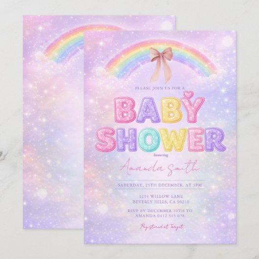 Sparkle Glitter rainbow baby shower with Bow 招待状 (正面/裏面)