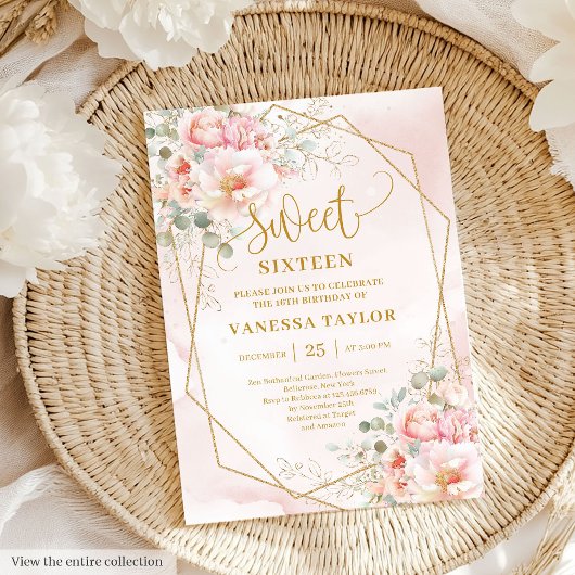 Sparkle Pale Pink Gold Peonies Sweet 16 招待状