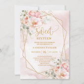 Sparkle Pale Pink Gold Peonies Sweet 16 招待状 (正面)