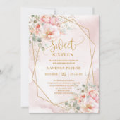 Sparkle Pale Pink Gold Peonies Sweet 16 Invitation 招待状 (正面)