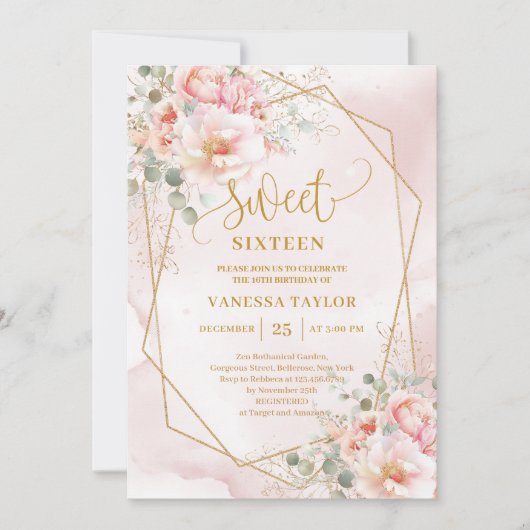 Sparkle Pale Pink Gold Peonies Sweet 16 Invitation 招待状 (正面)