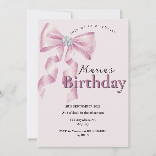 Sparkle Pink Coquette Bow 1st 招待状 (正面)