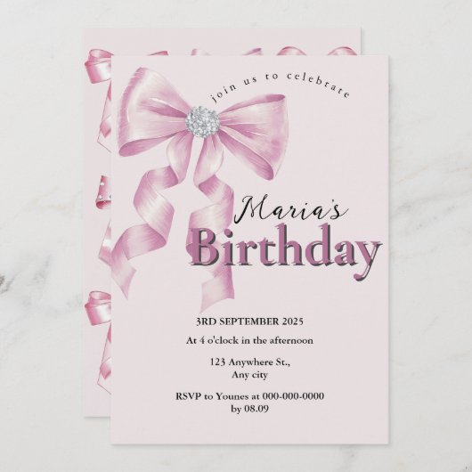 Sparkle Pink Coquette Bow 1st 招待状 (正面/裏面)