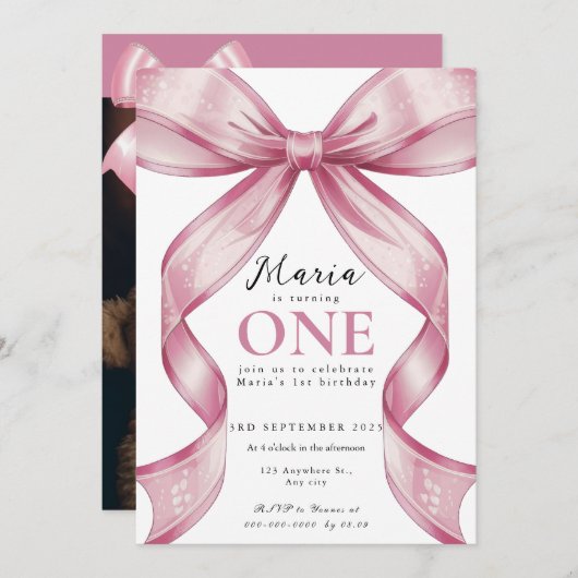 Sparkle Pink Coquette Bow 1st 招待状 (正面/裏面)