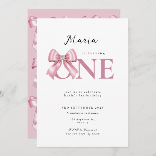 Sparkle Pink Coquette Bow 1st 招待状 (正面/裏面)