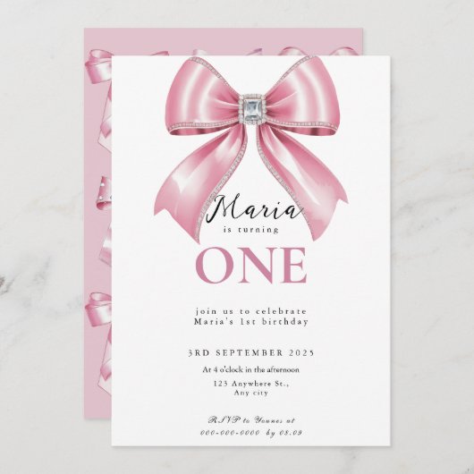 Sparkle Pink Coquette Bow 1st 招待状 (正面/裏面)