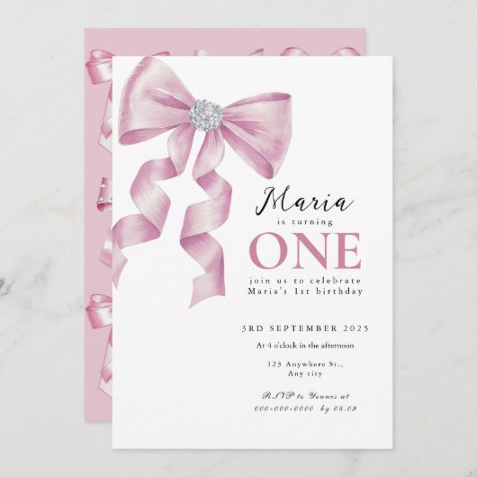 Sparkle Pink Coquette Bow 1st 招待状 (正面/裏面)