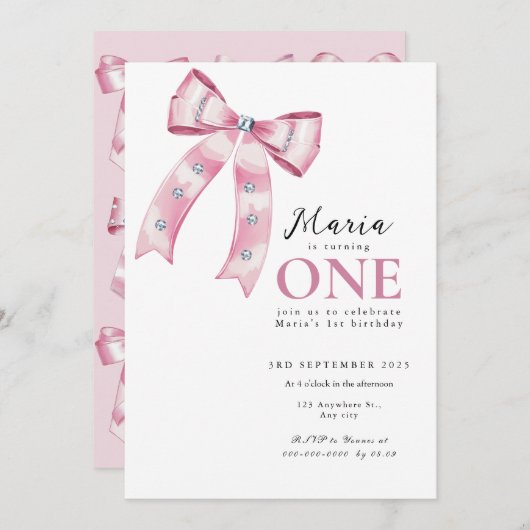 Sparkle Pink Coquette Bow 1st 招待状 (正面/裏面)