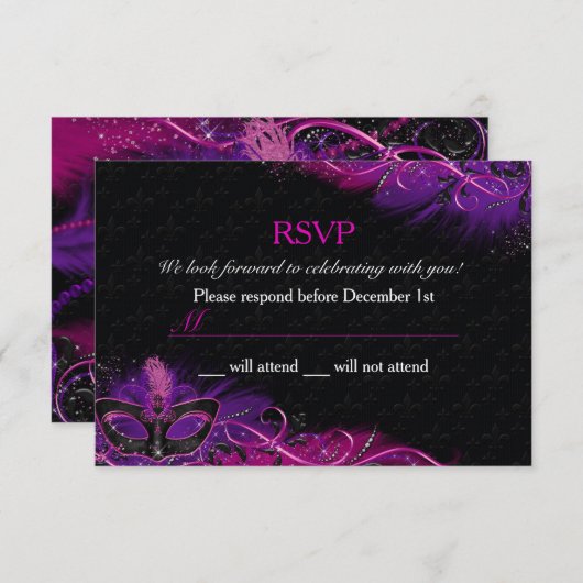 Sparkle Pink & Purple Feather Mask Masquerade RSVP (正面/裏面)