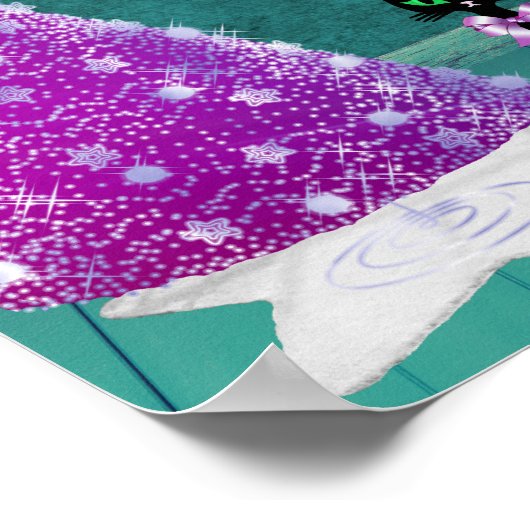 Sparkle Pink Silver Tree Merry Christmas Black Cat ポスター (角)