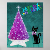Sparkle Pink Silver Tree Merry Christmas Black Cat ポスター (正面)