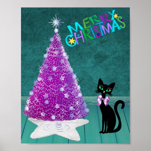 Sparkle Pink Silver Tree Merry Christmas Black Cat ポスター (正面)